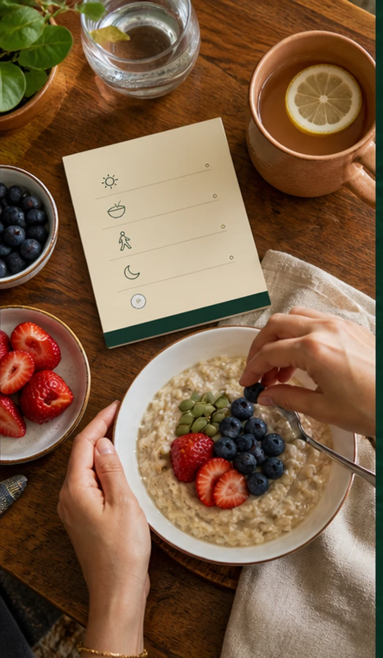 A breakfast rhythm map with simple cues for meals, movement and rest